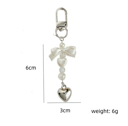 Korean Bow Pearl Beaded Phone Charm | Silver Heart Aesthetic Phone Chain Bag Key Pendant