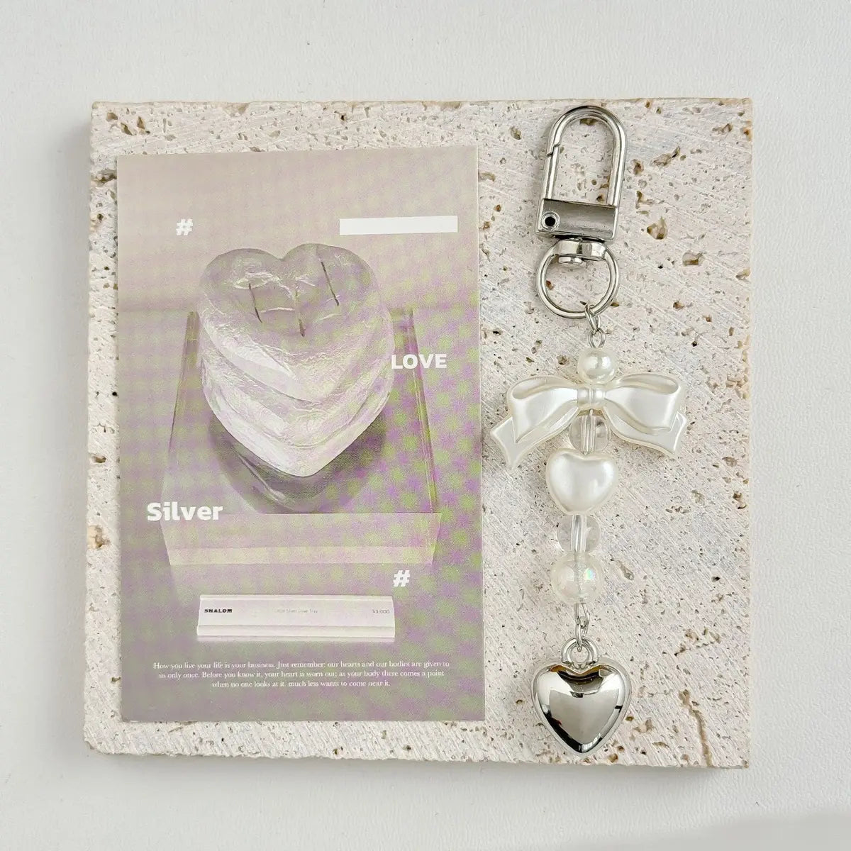 Korean Bow Pearl Beaded Phone Charm | Silver Heart Aesthetic Phone Chain Bag Key Pendant