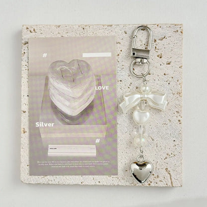 Korean Bow Pearl Beaded Phone Charm | Silver Heart Aesthetic Phone Chain Bag Key Pendant