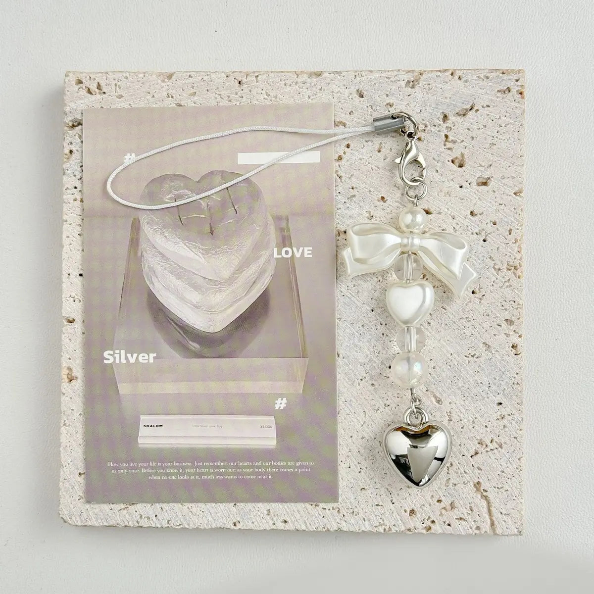 Korean Bow Pearl Beaded Phone Charm | Silver Heart Aesthetic Phone Chain Bag Key Pendant
