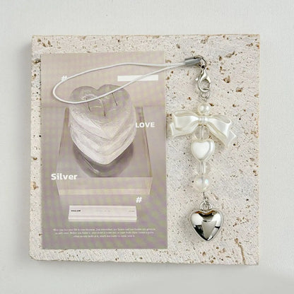 Korean Bow Pearl Beaded Phone Charm | Silver Heart Aesthetic Phone Chain Bag Key Pendant