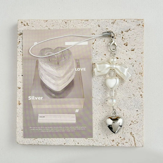 Korean Bow Pearl Beaded Phone Charm | Silver Heart Aesthetic Phone Chain Bag Key Pendant