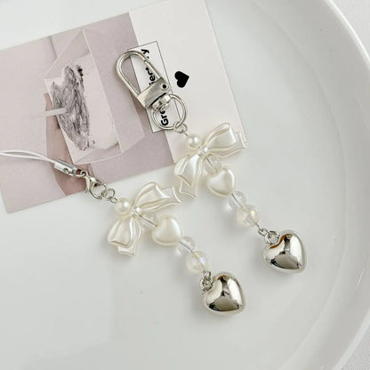 Korean Bow Pearl Beaded Phone Charm | Silver Heart Aesthetic Phone Chain Bag Key Pendant