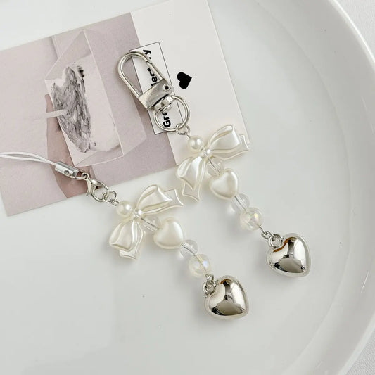Korean Bow Pearl Beaded Phone Charm | Silver Heart Aesthetic Phone Chain Bag Key Pendant